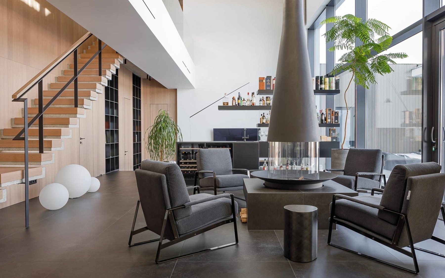 The living room opening to the water